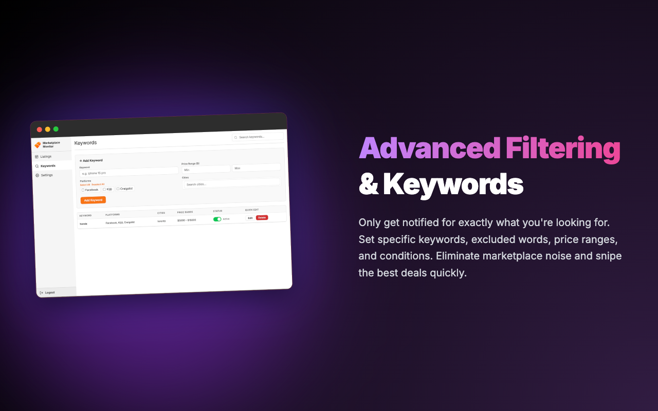 Advanced filtering interface with keyword and price range options